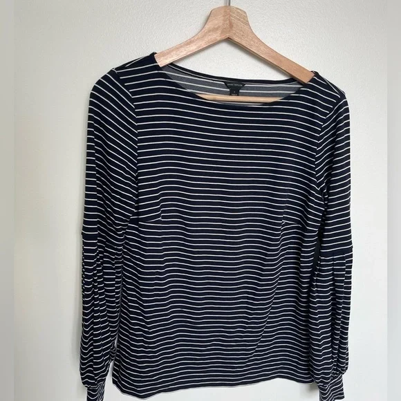 Ann Taylor Striped Navy Blue and White Ballon Sleeve Long Sleeve Top - Picture 3 of 6
